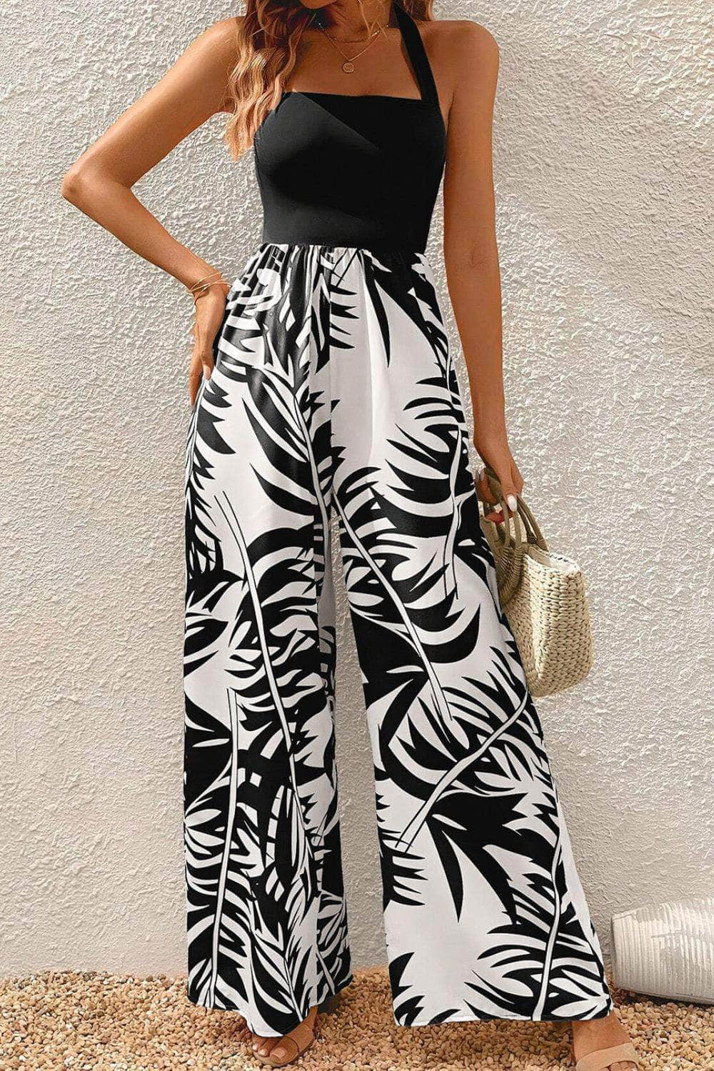 Printed Halter Wide Leg Jumpsuit Black / S