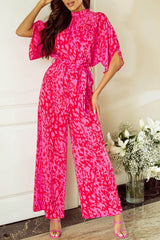 Printed Mock Neck Kimono Sleeve Jumpsuit Hot Pink / S