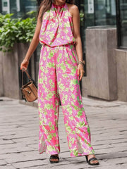 Printed Mock Neck Sleeveless Jumpsuit Pink / S