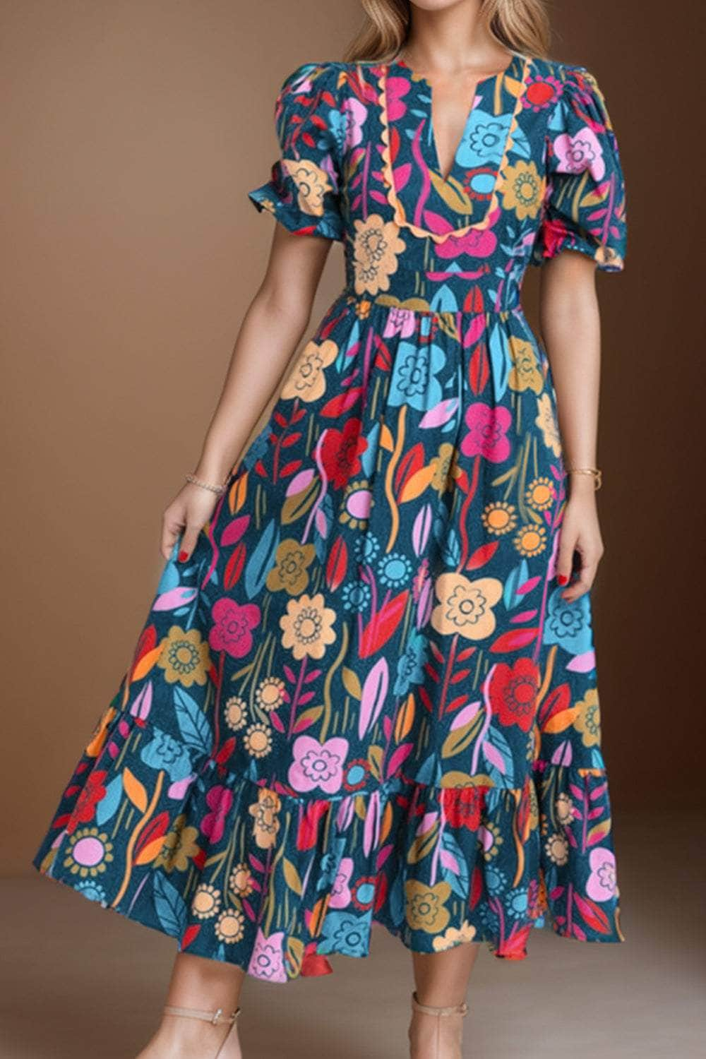 Printed Notched Puff Sleeve Midi Dress Multicolor / S