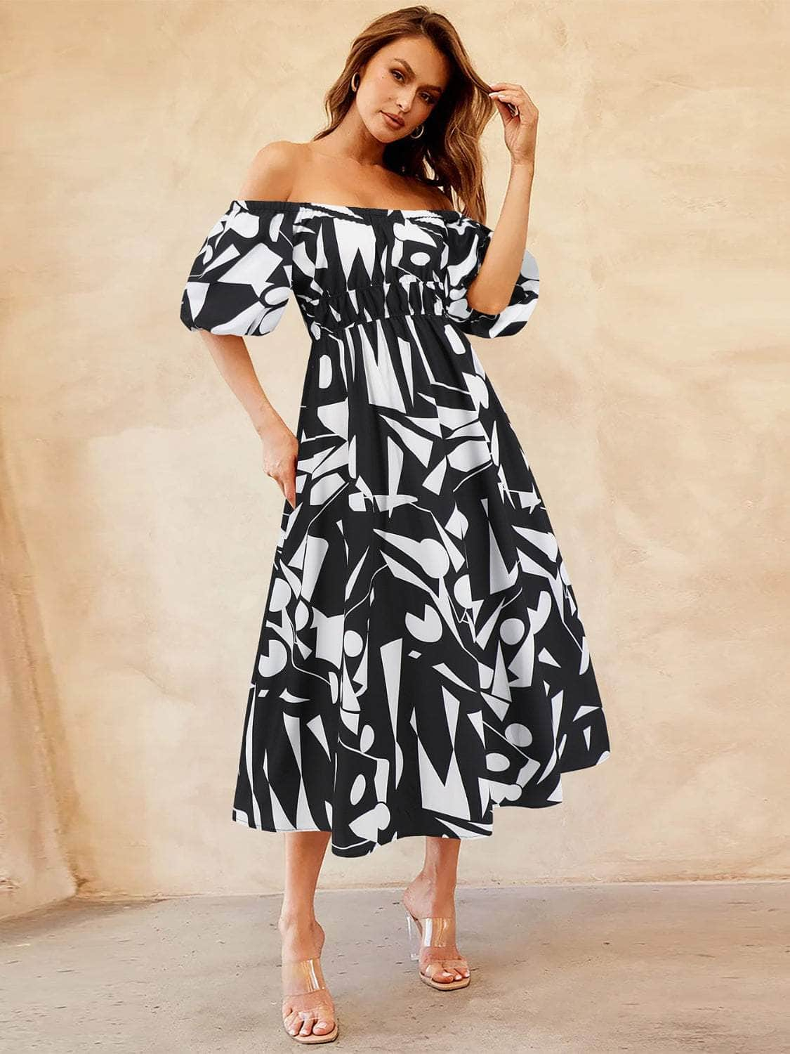 Printed Off-Shoulder Balloon Sleeve Dress Black / S