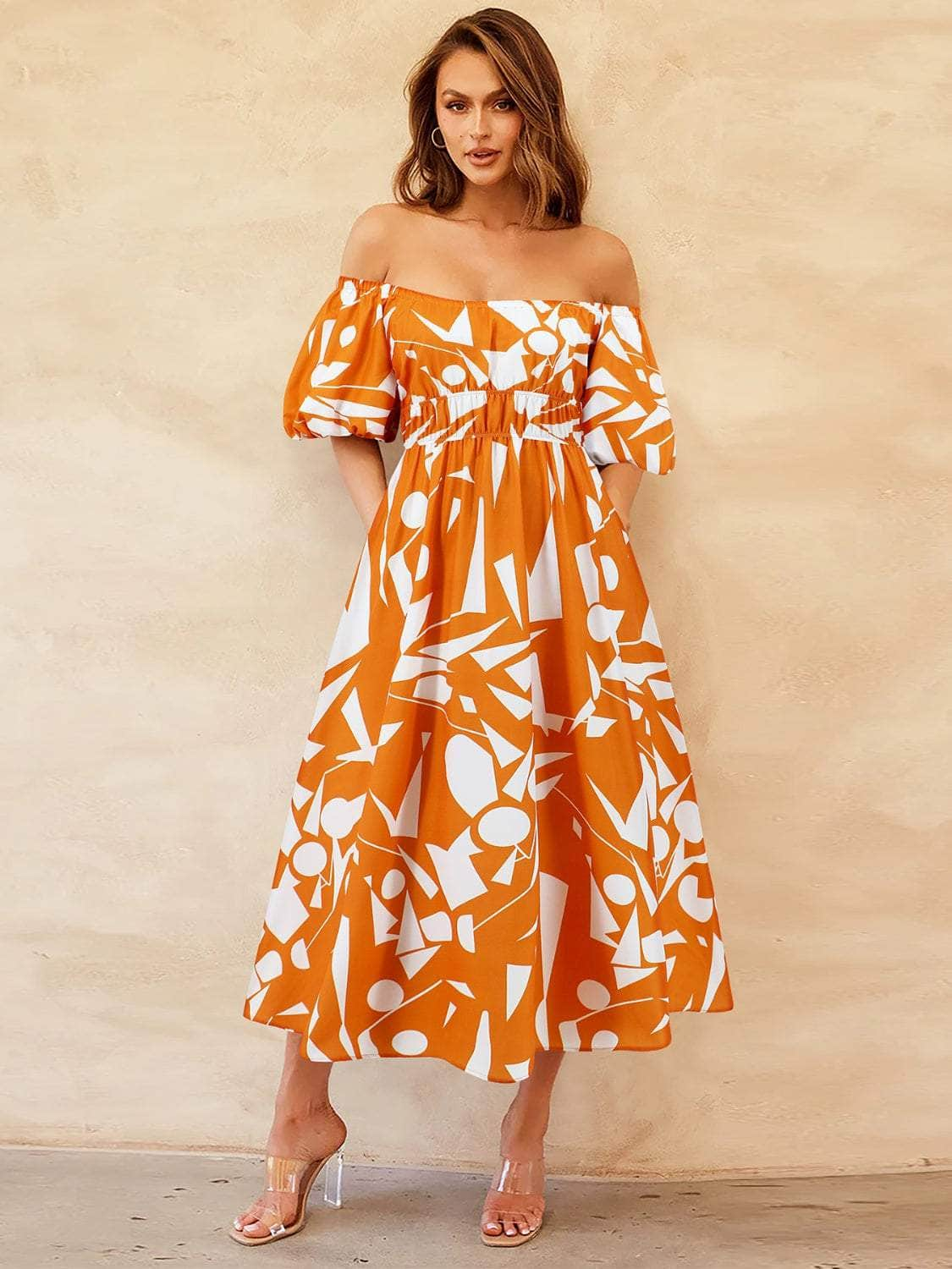 Printed Off-Shoulder Balloon Sleeve Dress Pumpkin / S