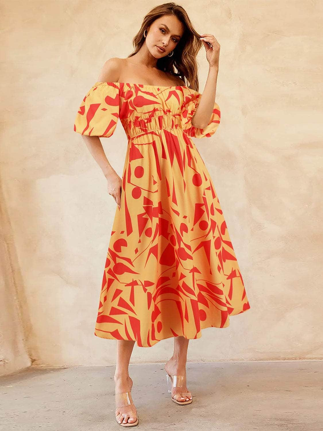 Printed Off-Shoulder Balloon Sleeve Dress Red Orange / S