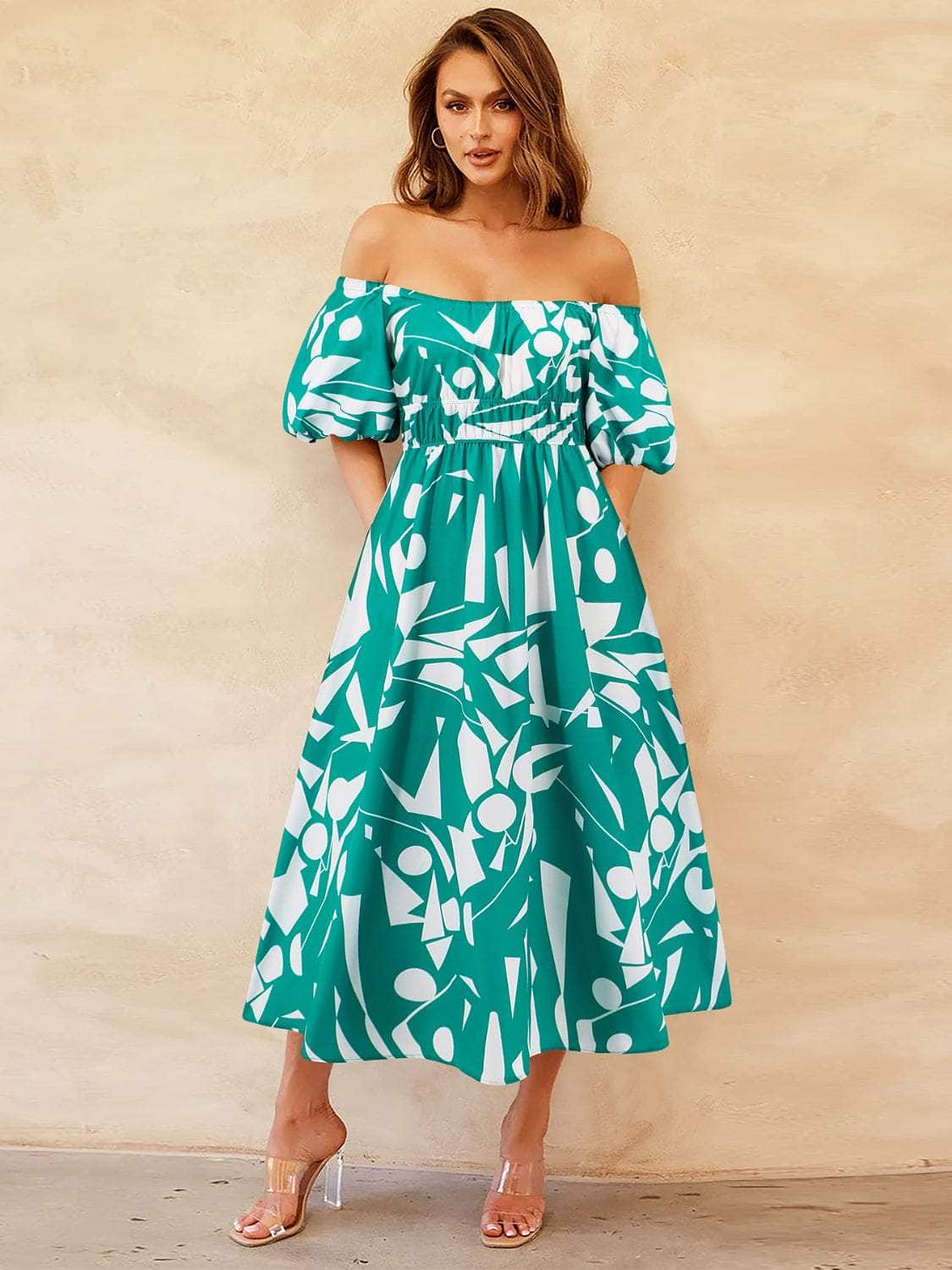 Printed Off-Shoulder Balloon Sleeve Dress Turquoise / S