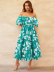 Printed Off-Shoulder Balloon Sleeve Dress Turquoise / S