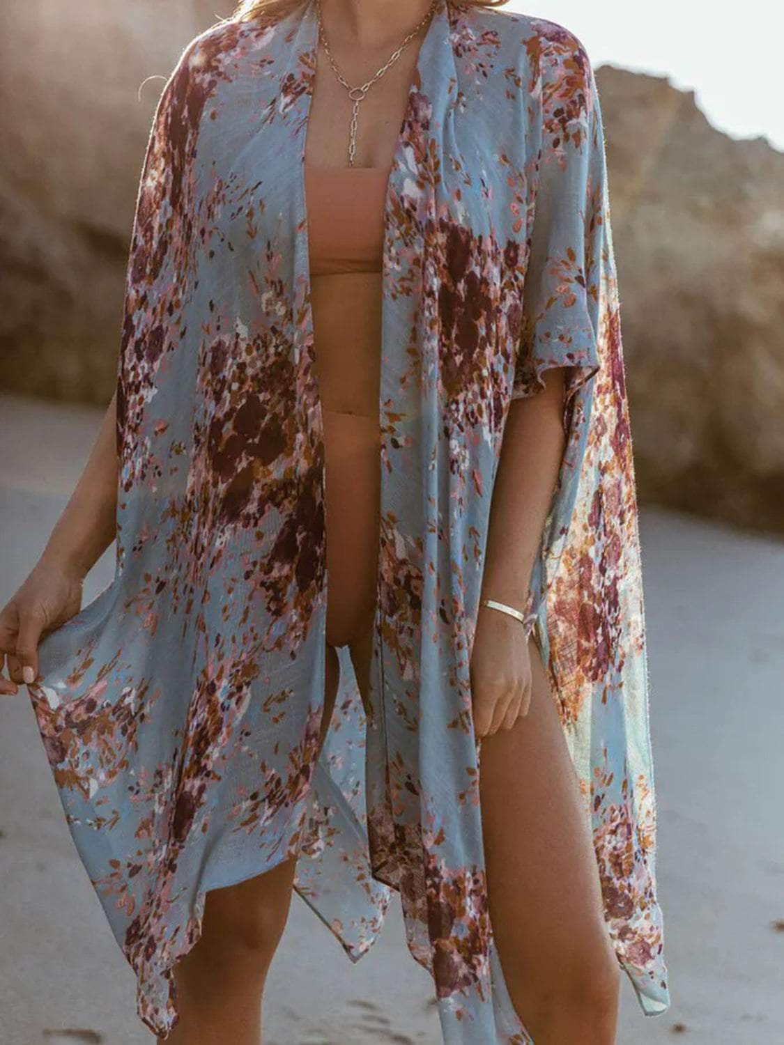 Printed Open Front Cover-Up Misty  Blue / One Size