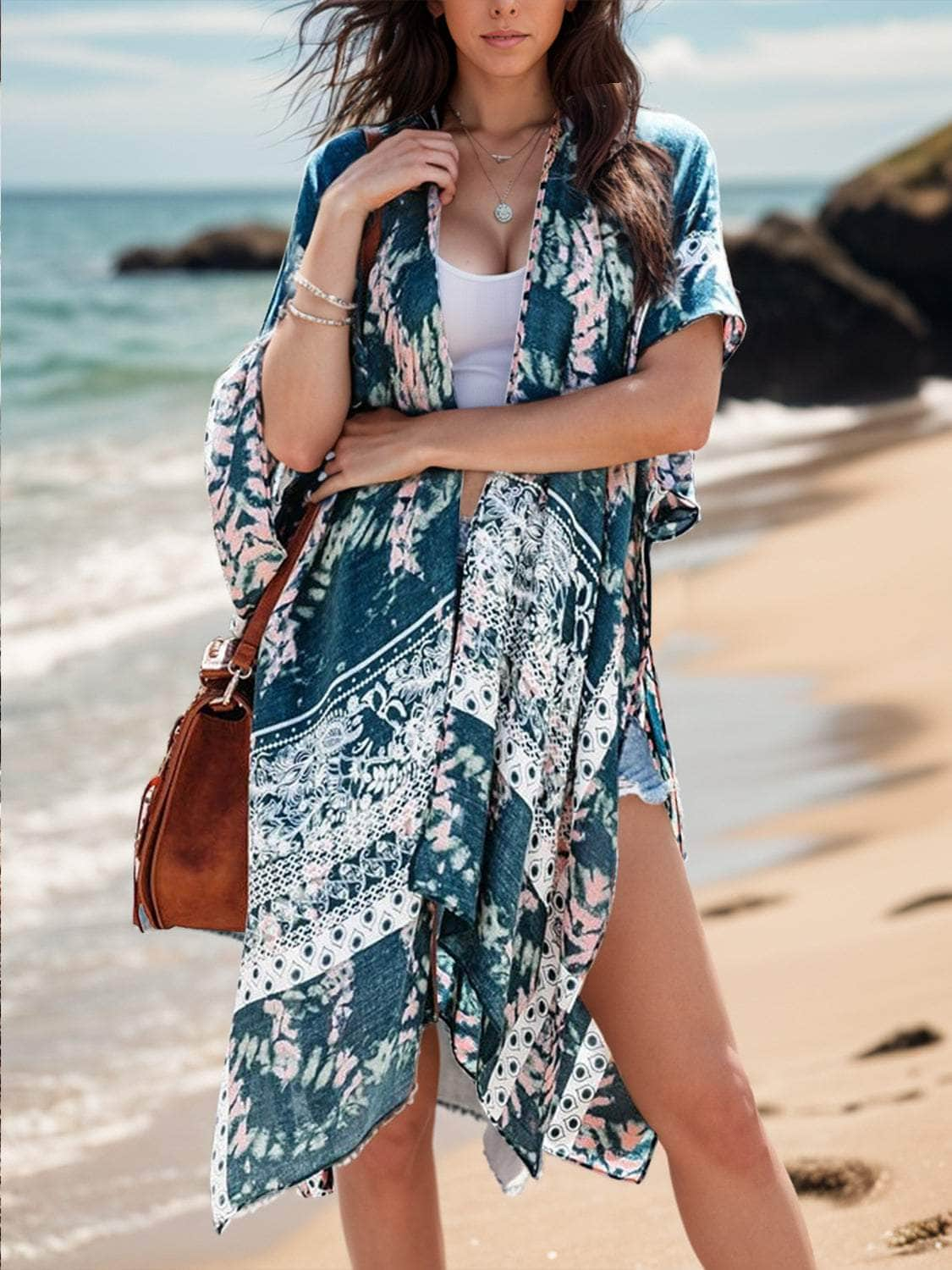 Printed Open Front Cover-Up Peacock  Blue / One Size