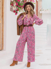 Printed Ruffled V-Neck Balloon Sleeve Jumpsuit Hot Pink / S