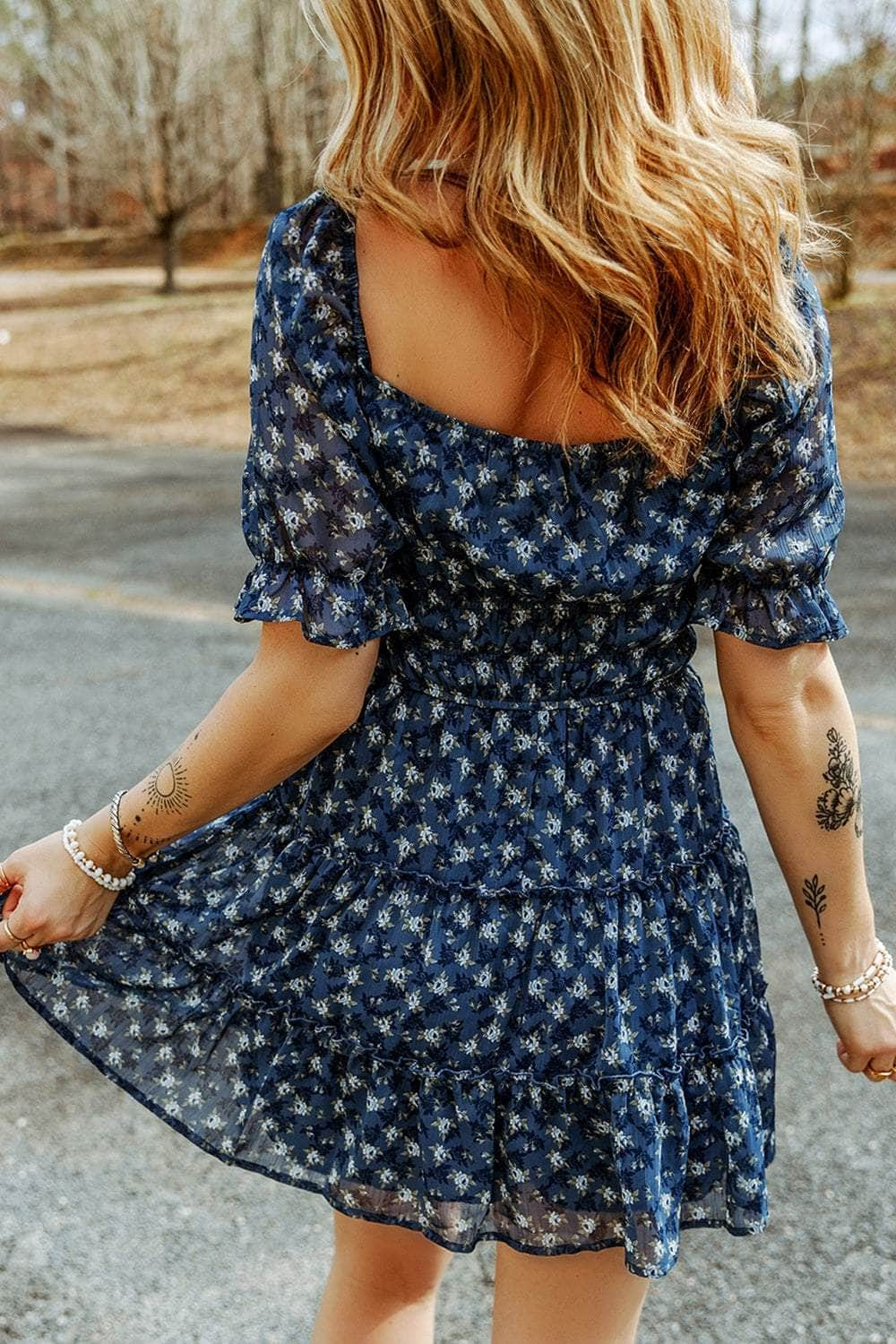 Printed Square Neck Short Sleeve Dress