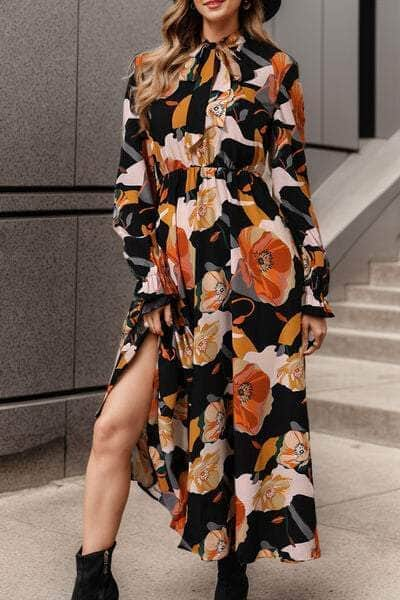 Printed Tie Neck Flounce Sleeve Dress Black / S