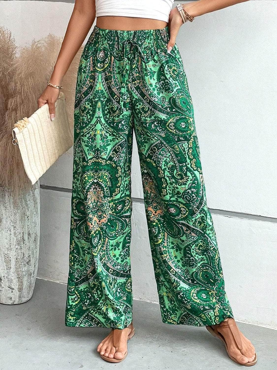 Printed Wide Leg Pants Green / S