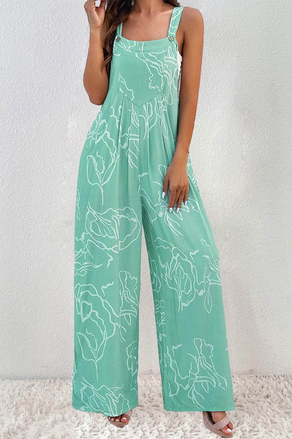 Printed Wide Strap Jumpsuit Turquoise / S