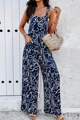 Printed Wide Strap Jumpsuit with Pockets