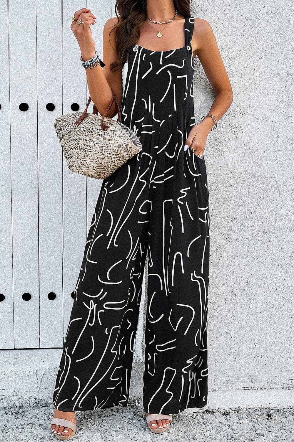 Printed Wide Strap Jumpsuit with Pockets Black / S
