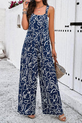 Printed Wide Strap Jumpsuit with Pockets Dark Blue / S