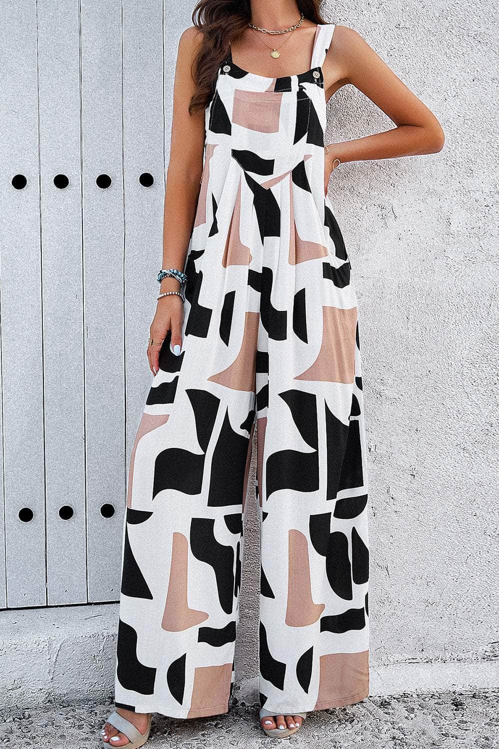 Printed Wide Strap Jumpsuit with Pockets White / S