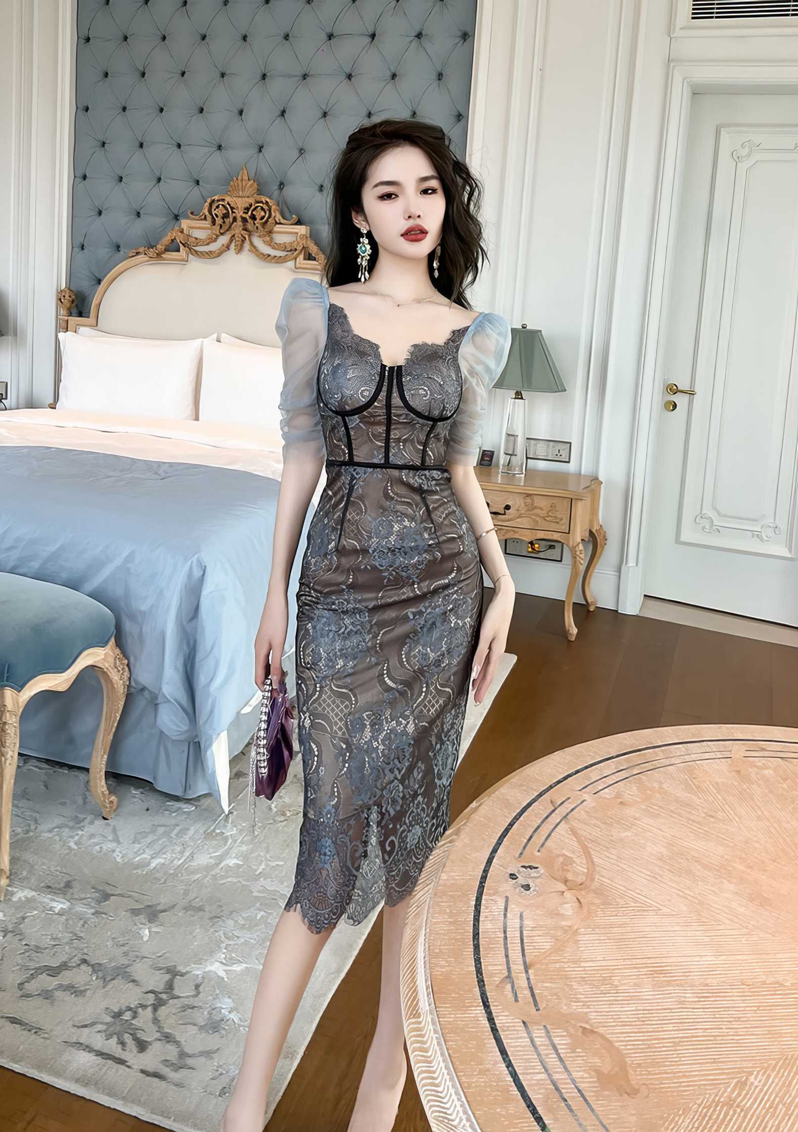 Puff Mesh Shoulder Laced Embroidered Dress