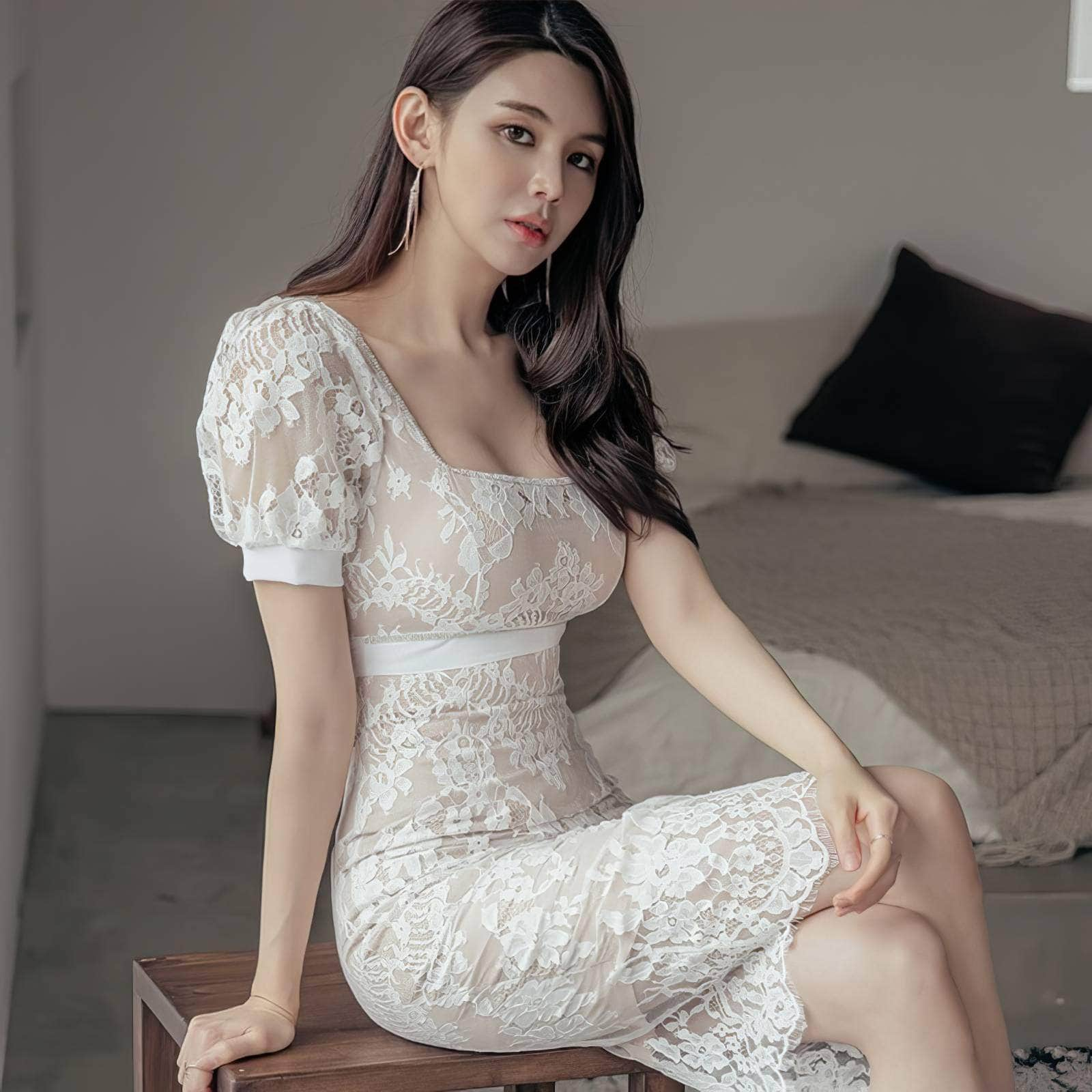 Puff Sleeve Square Neck Lace Trimmed Dress