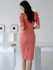 Puff Sleeves Pleated High Waist Slim Fit Dress