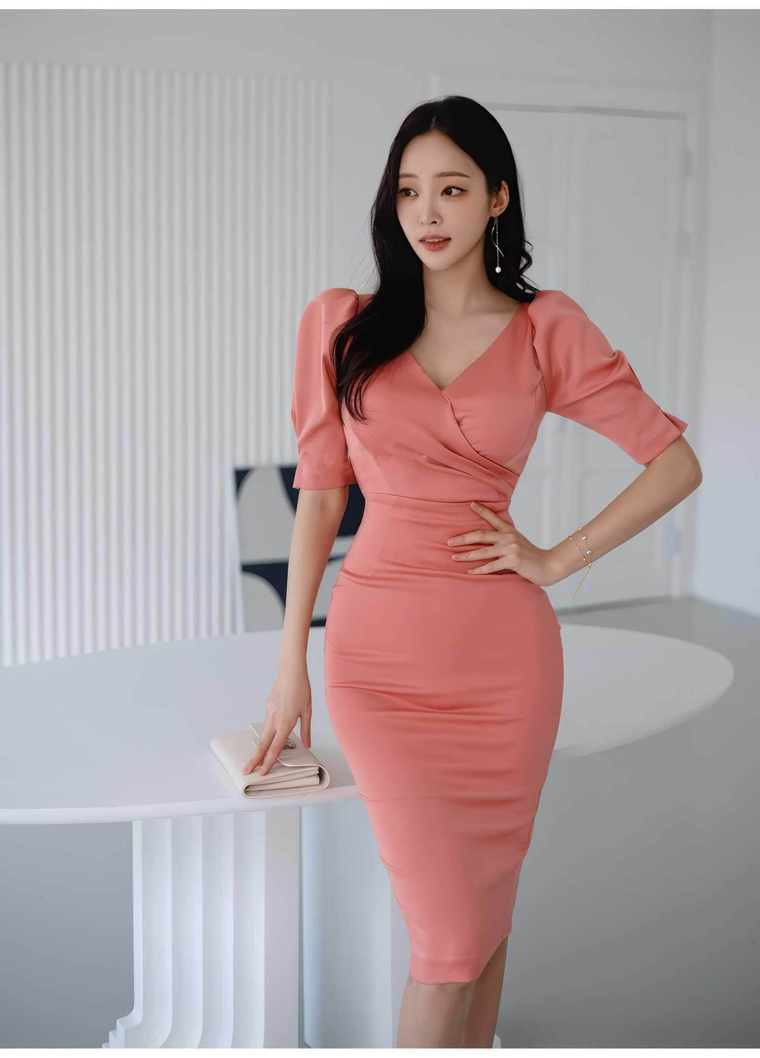 Puff Sleeves Pleated High Waist Slim Fit Dress