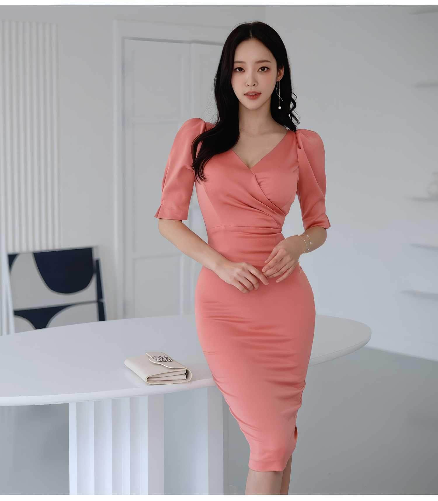 Puff Sleeves Pleated High Waist Slim Fit Dress