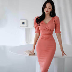 Puff Sleeves Pleated High Waist Slim Fit Dress