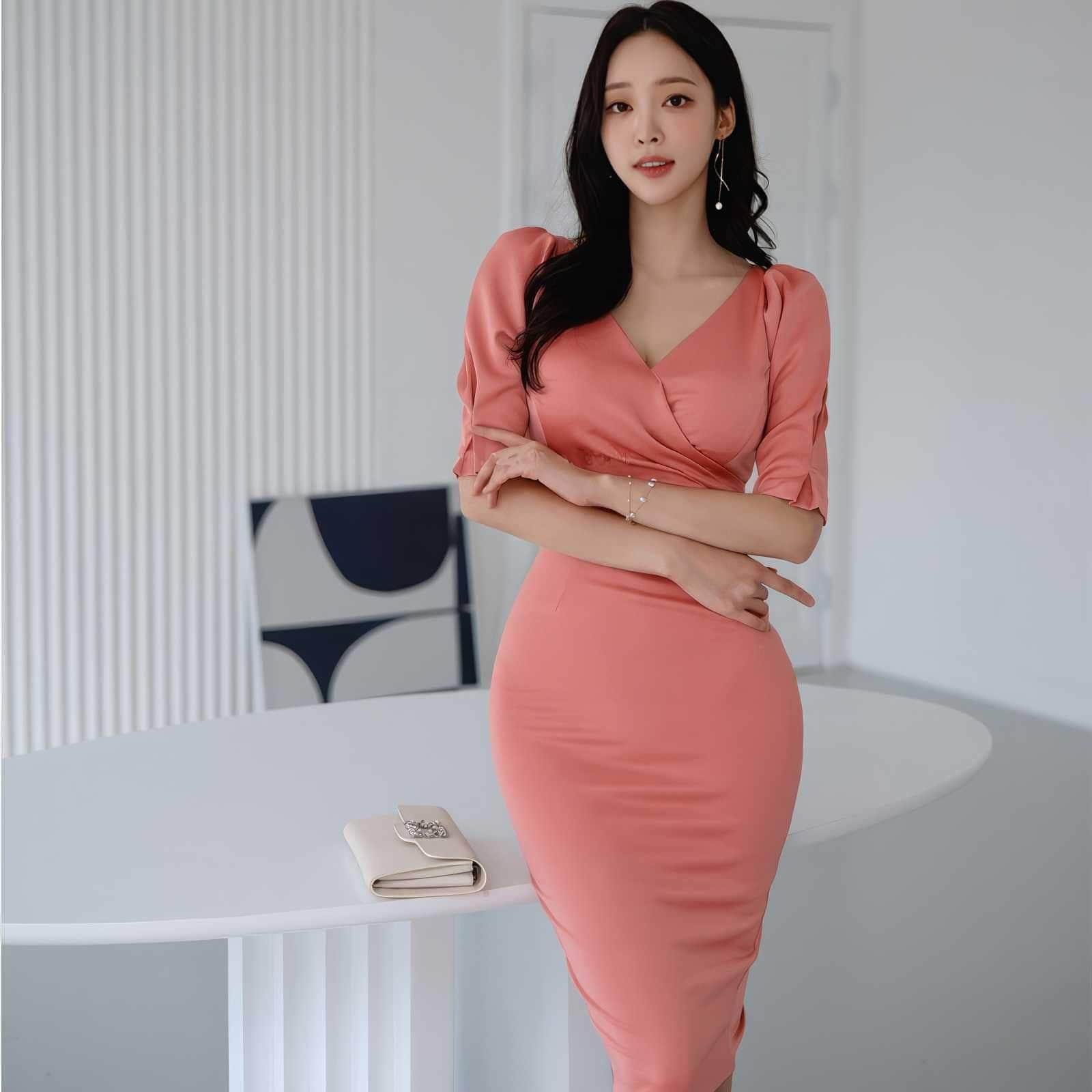 Puff Sleeves Pleated High Waist Slim Fit Dress