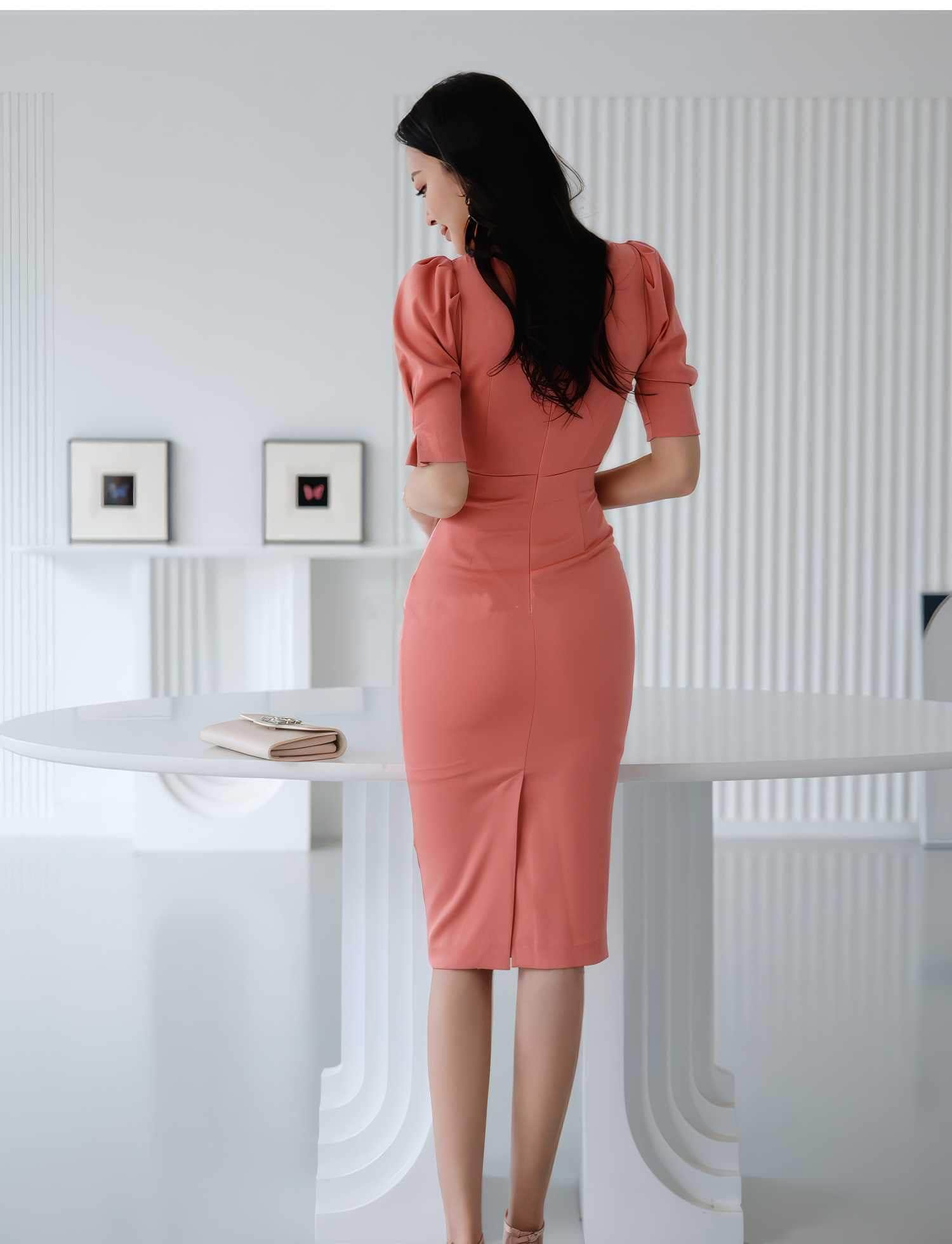 Puff Sleeves Pleated High Waist Slim Fit Dress