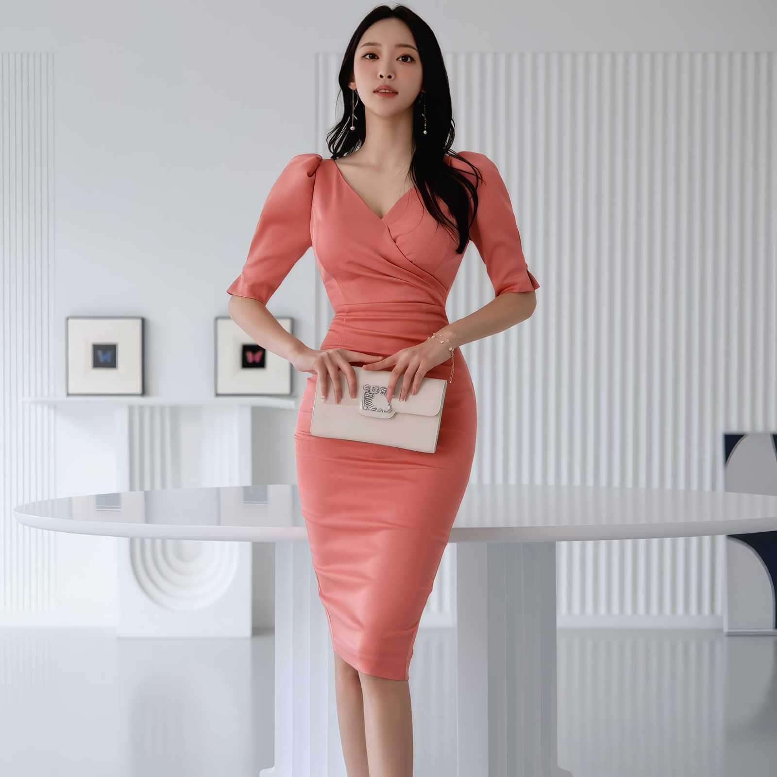 Puff Sleeves Pleated High Waist Slim Fit Dress