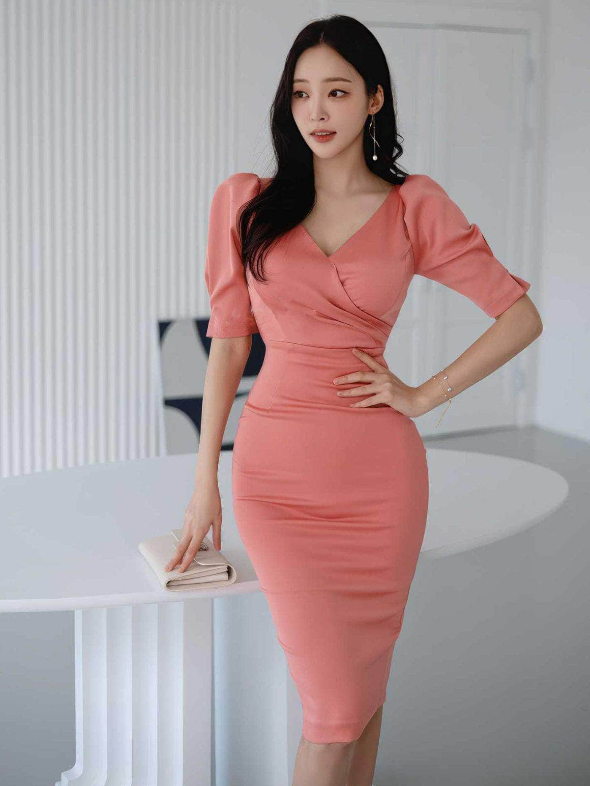 Puff Sleeves Pleated High Waist Slim Fit Dress S / LightCoral