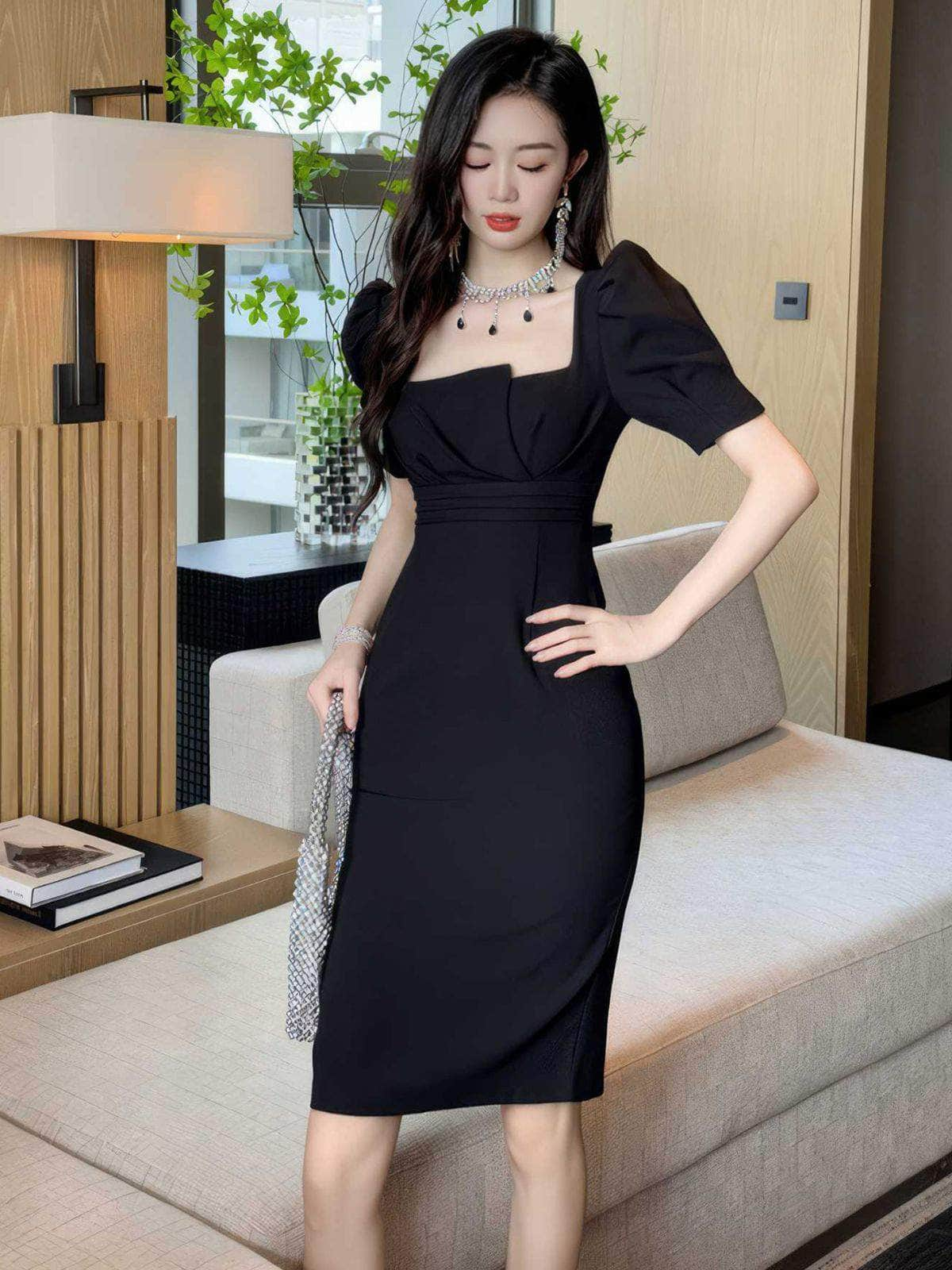 Puff Sleeves Pleated Neckline Slim Fit Dress S / Black