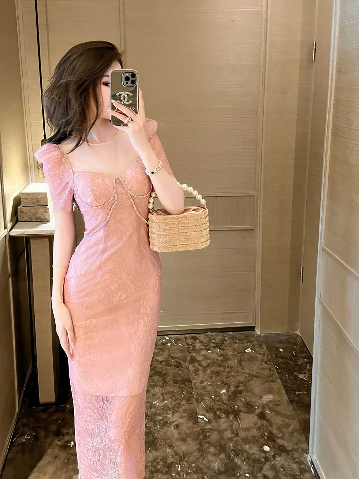 Puff Sleeves Rhinestone Lace Midi Dress S / Pink