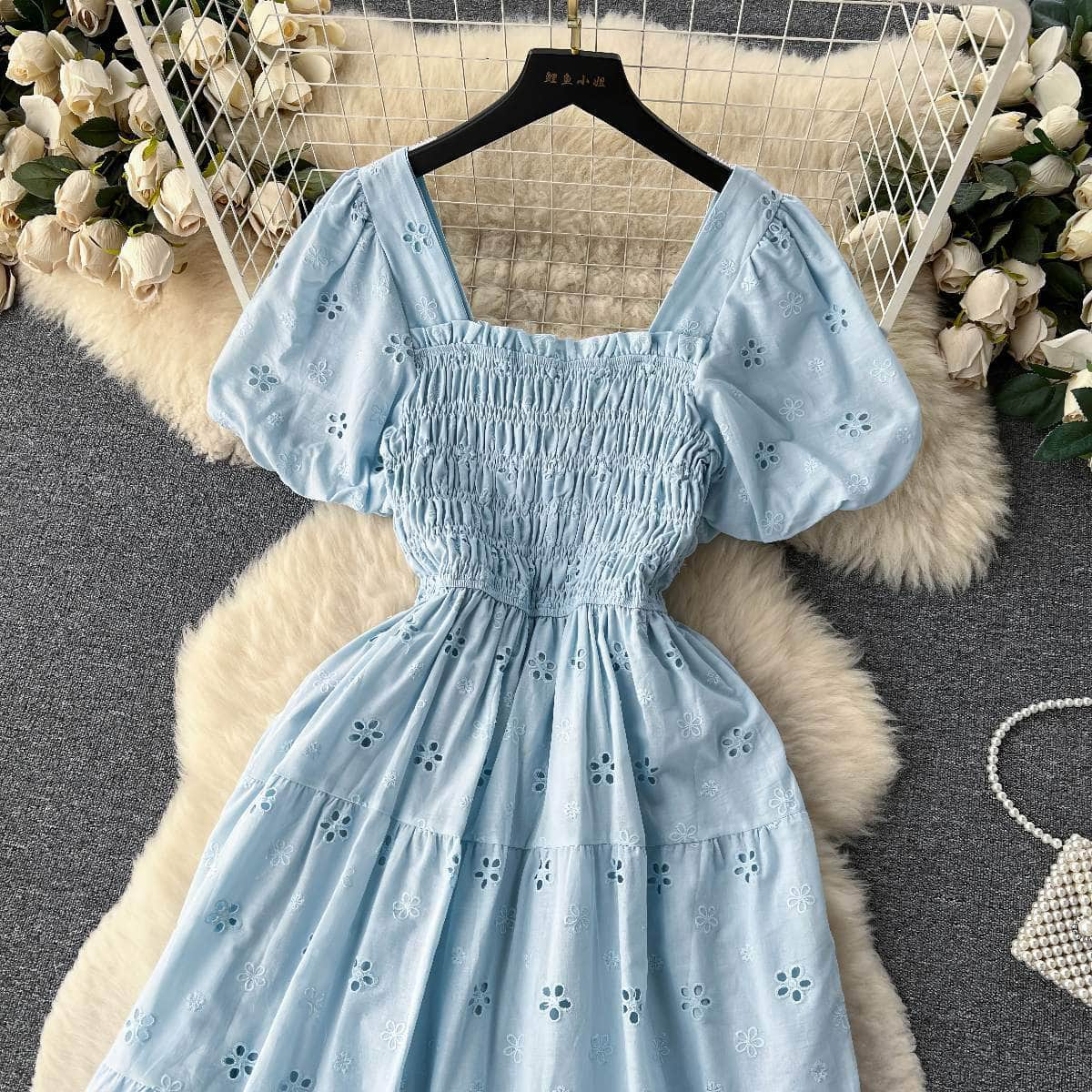 Puff Sleeves Ruched Bust Floral Lace Dress