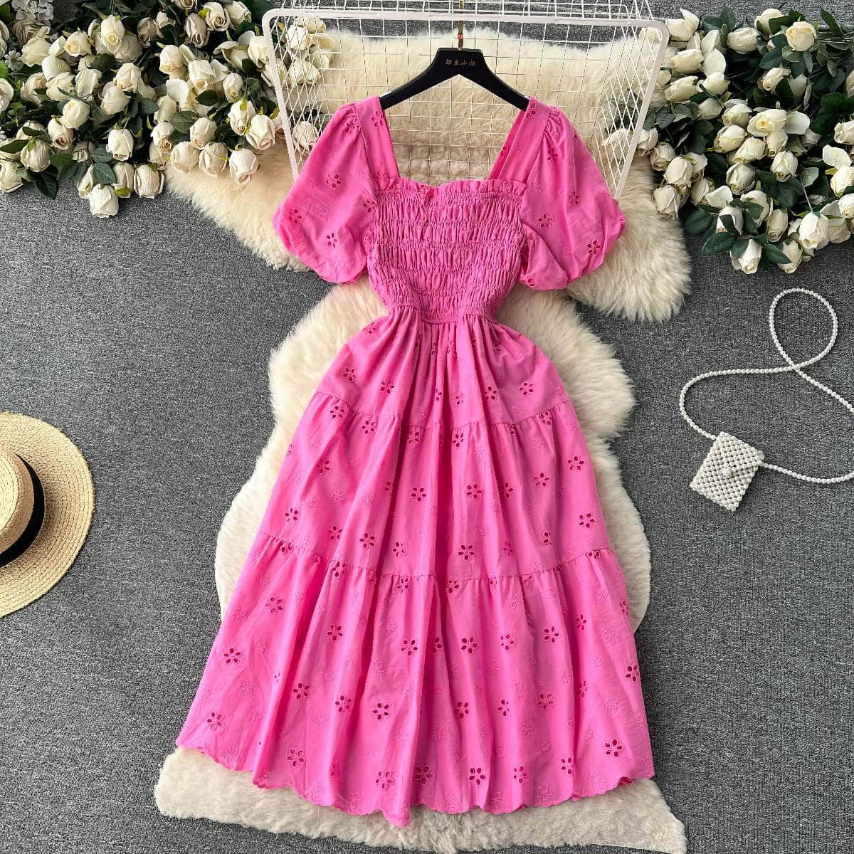 Puff Sleeves Ruched Bust Floral Lace Dress