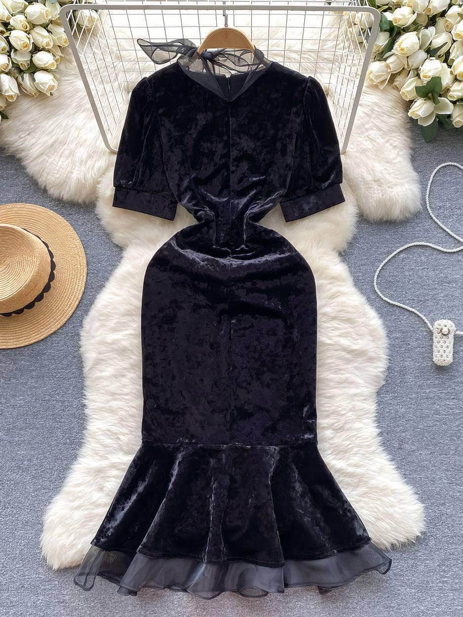 Puff Sleeves Scarf Neck Accent Velvet Dress