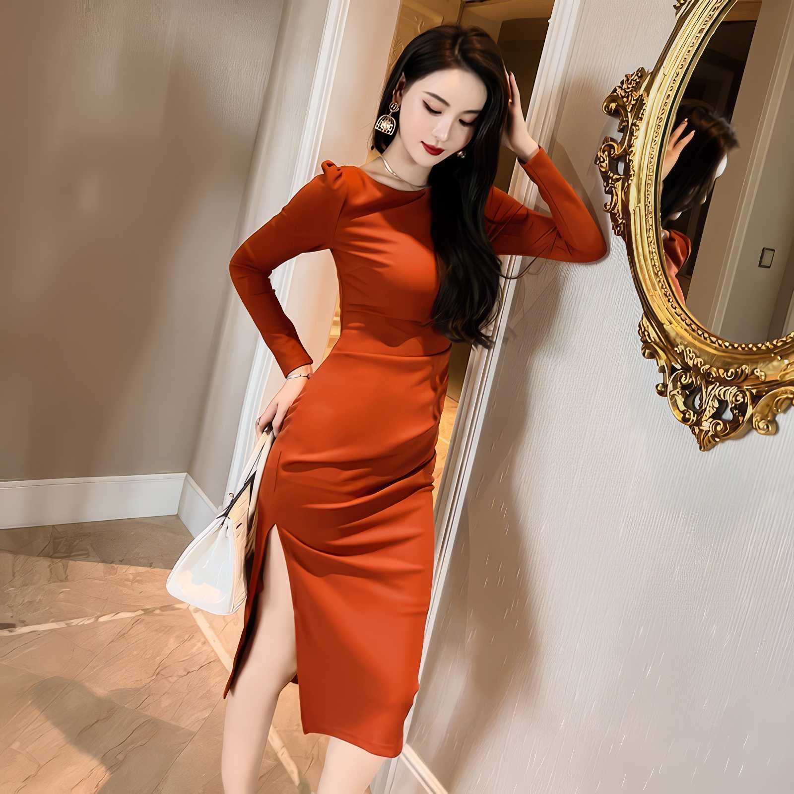 Puff Sleeves Slim Fit Pleated Side Slit Dress