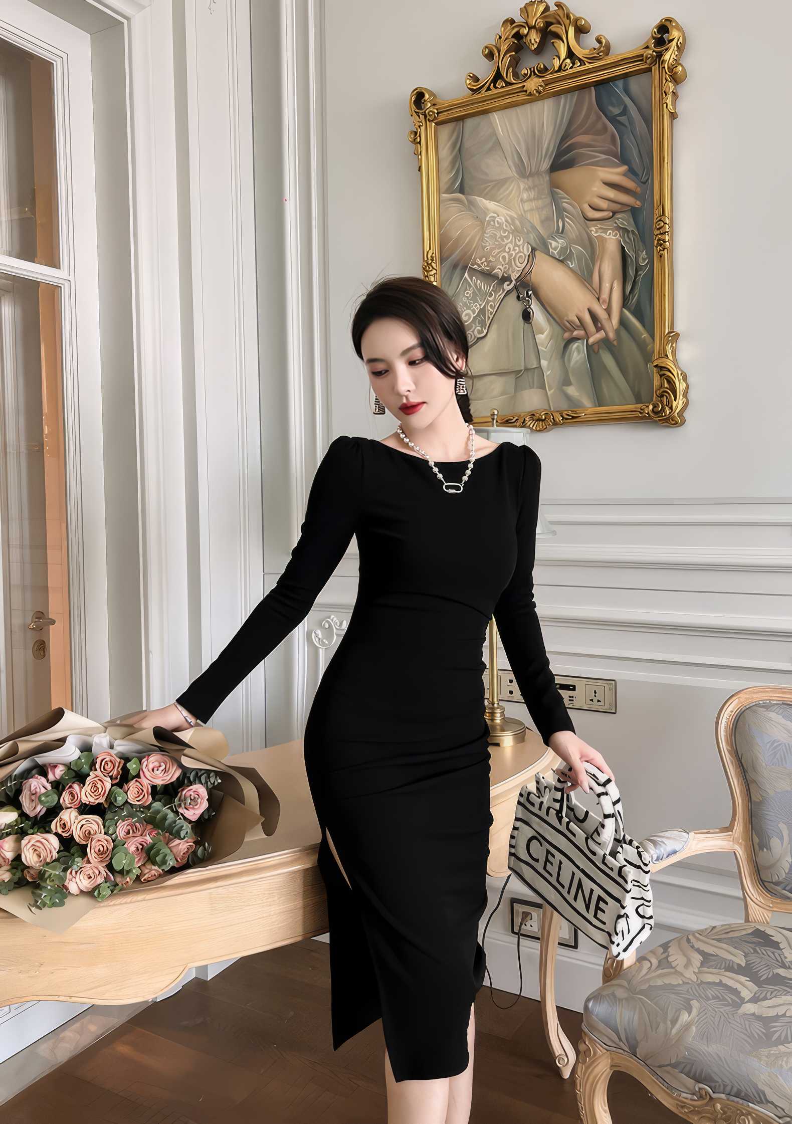 Puff Sleeves Slim Fit Pleated Side Slit Dress