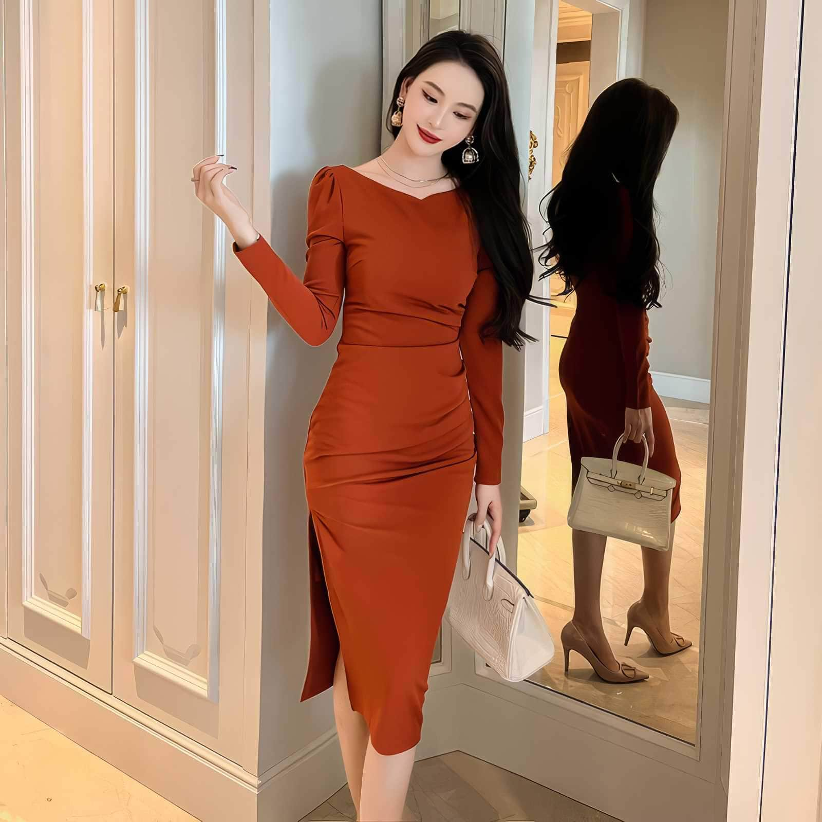 Puff Sleeves Slim Fit Pleated Side Slit Dress