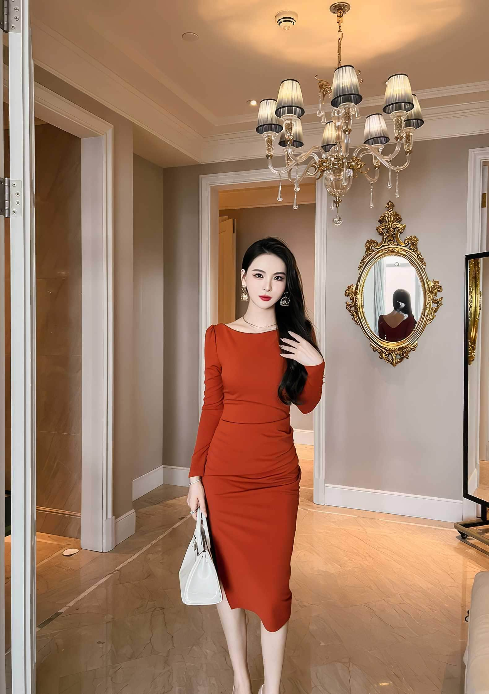 Puff Sleeves Slim Fit Pleated Side Slit Dress