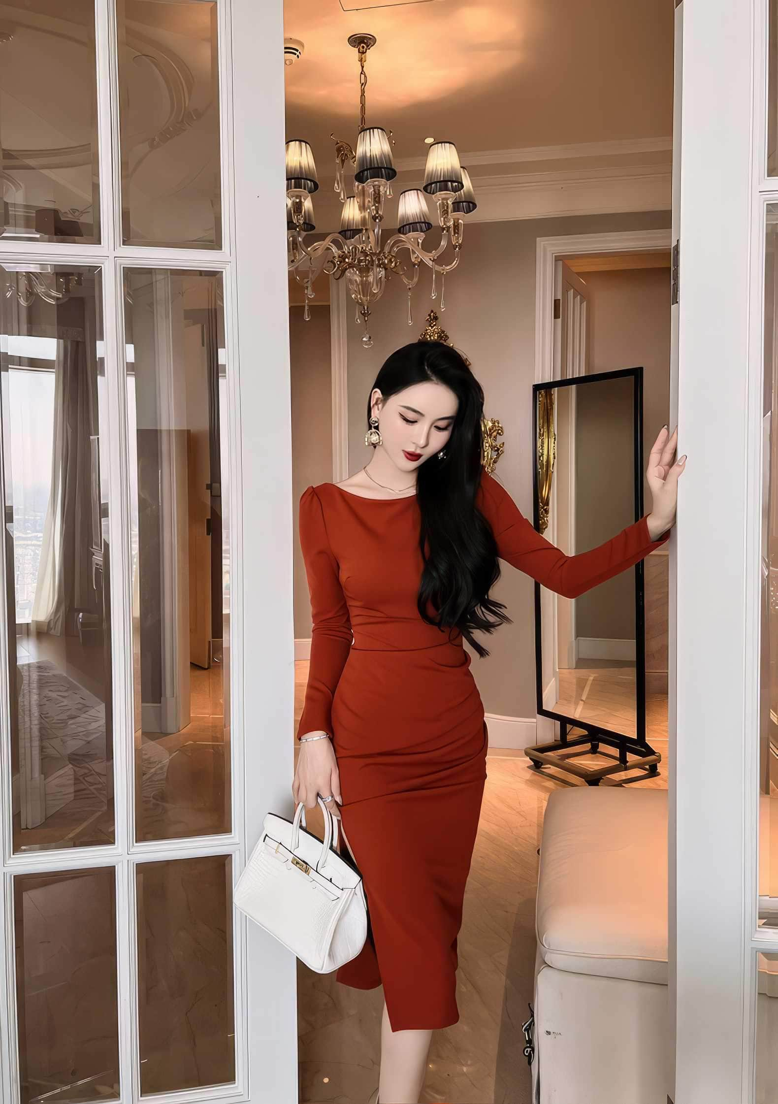 Puff Sleeves Slim Fit Pleated Side Slit Dress