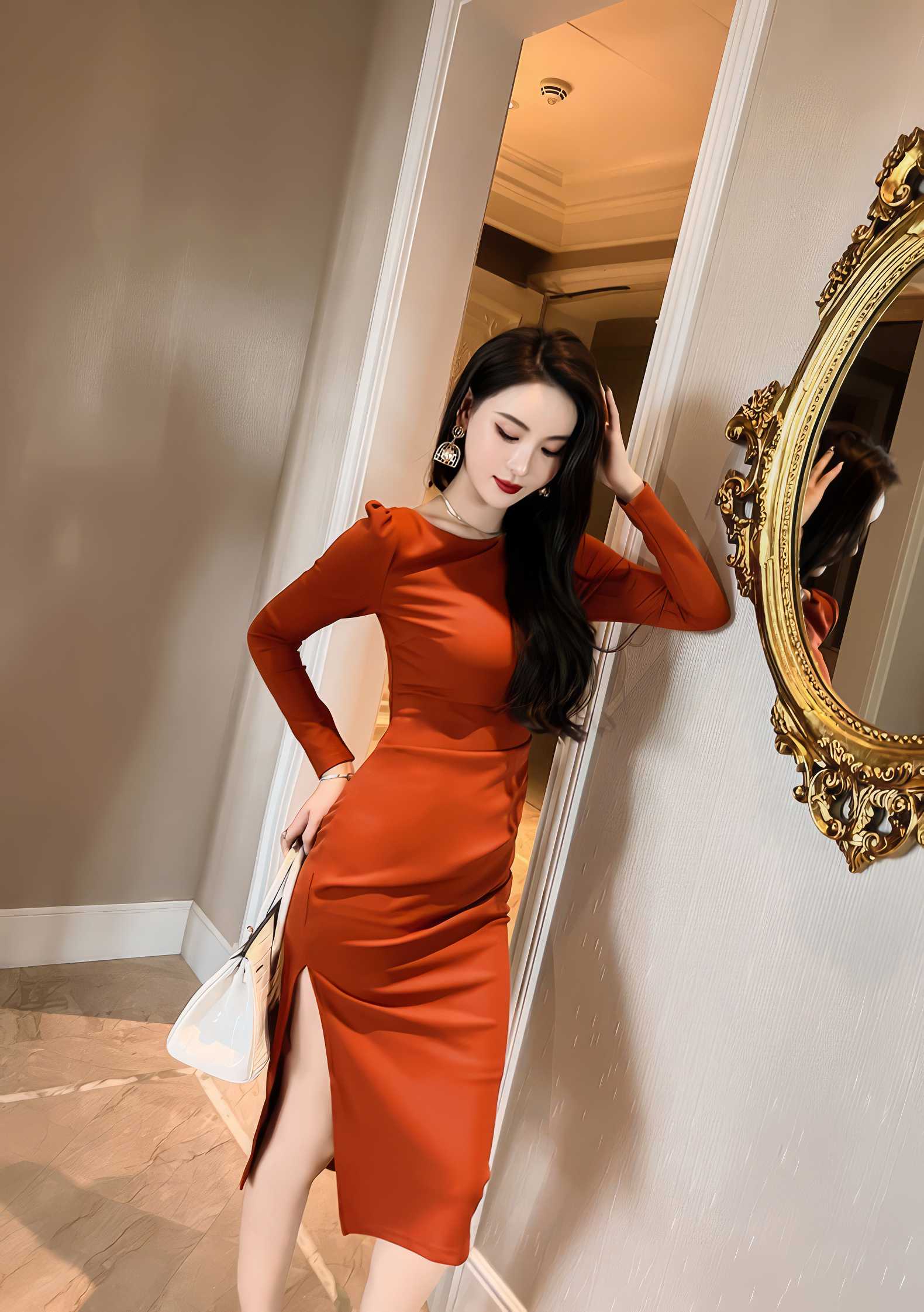 Puff Sleeves Slim Fit Pleated Side Slit Dress