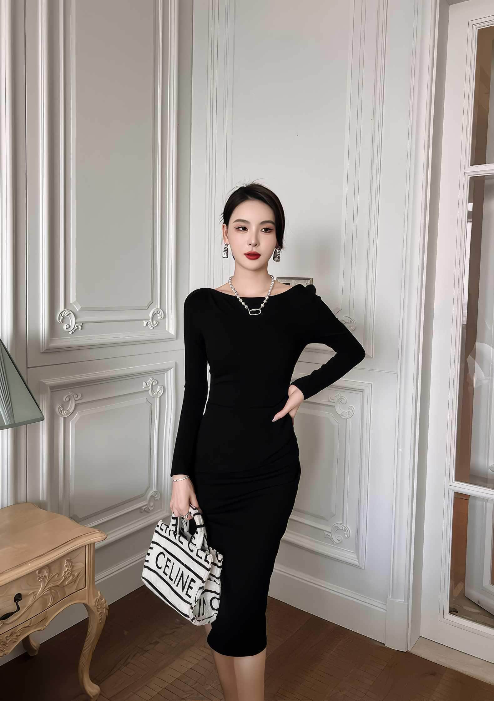 Puff Sleeves Slim Fit Pleated Side Slit Dress