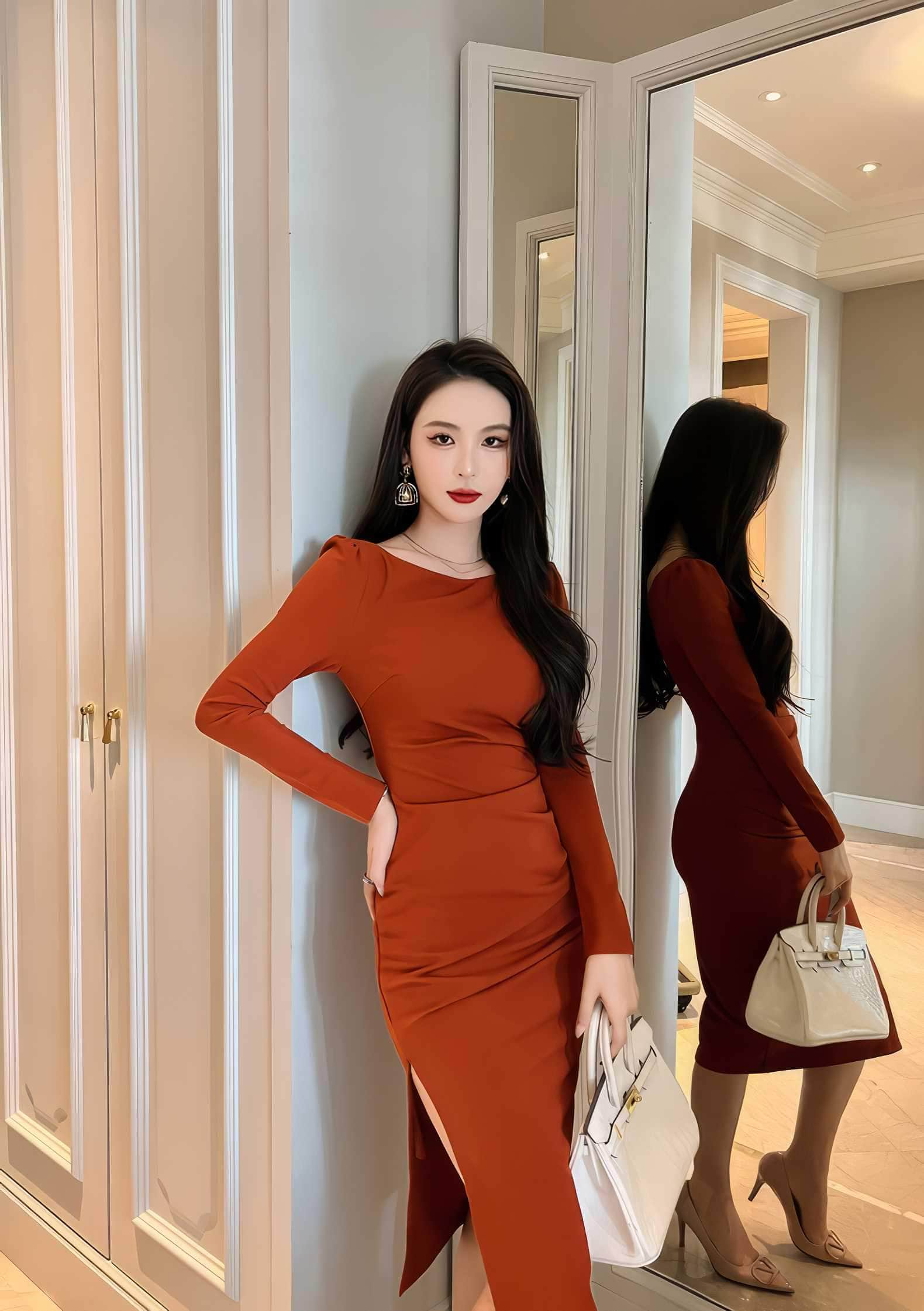 Puff Sleeves Slim Fit Pleated Side Slit Dress