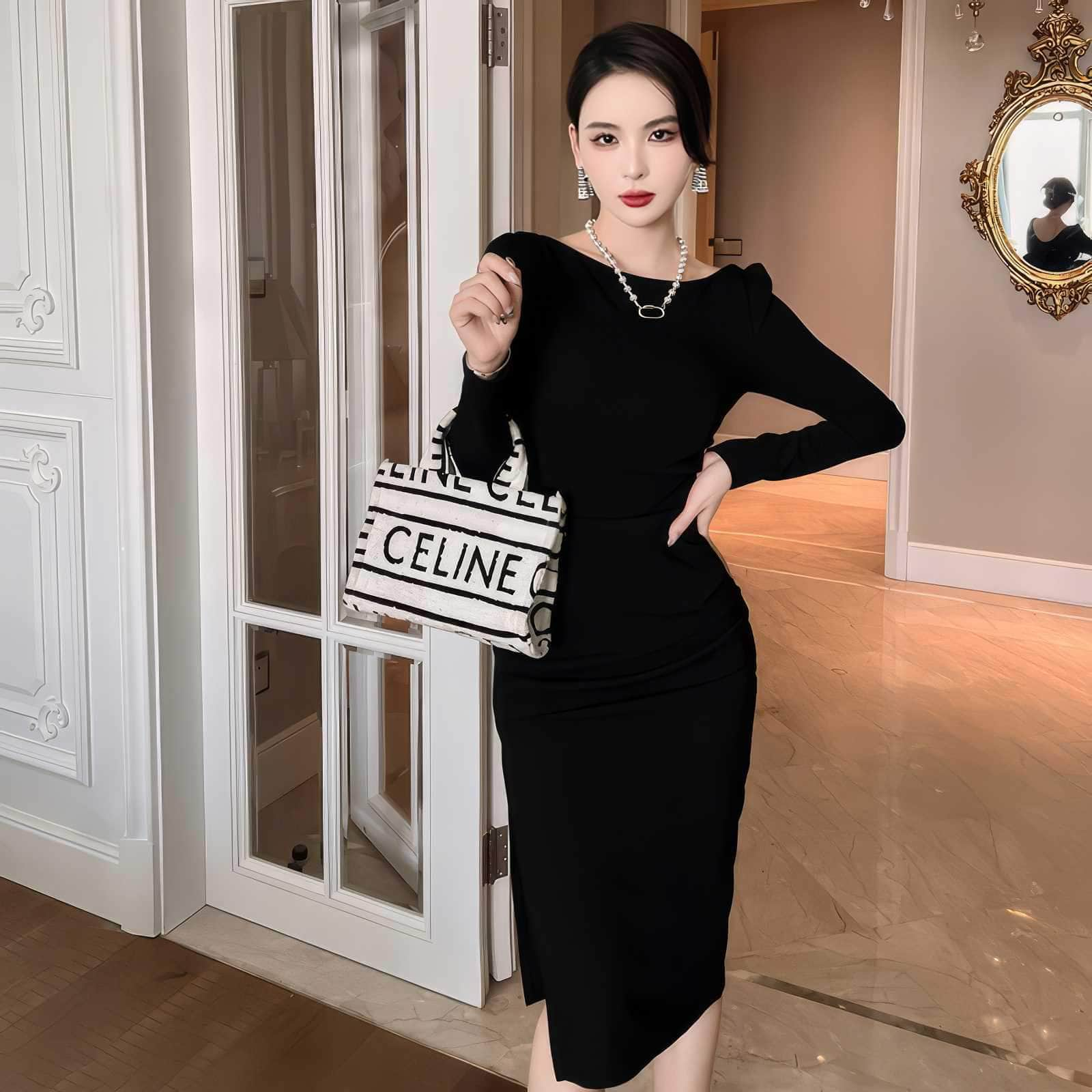 Puff Sleeves Slim Fit Pleated Side Slit Dress