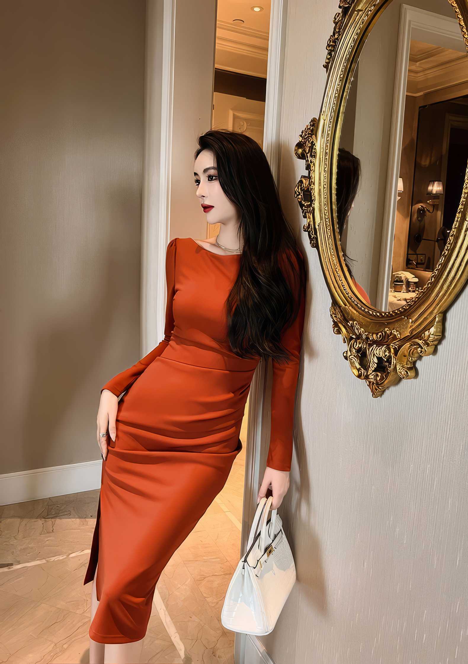 Puff Sleeves Slim Fit Pleated Side Slit Dress