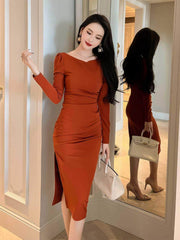 Puff Sleeves Slim Fit Pleated Side Slit Dress