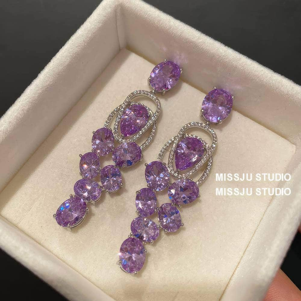 Purple Gemstone Dangle Gold Paved Crystal Earrings Purple