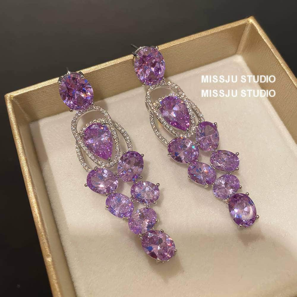 Purple Gemstone Dangle Gold Paved Crystal Earrings Purple