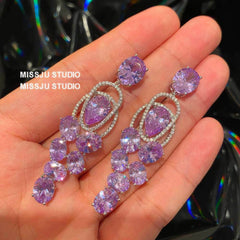 Purple Gemstone Dangle Gold Paved Crystal Earrings Purple