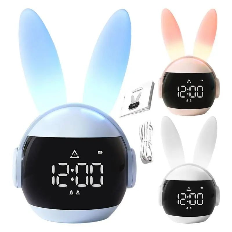 Rabbit Alarm Clock Rainbow Animal Lamp - Three Wake-Up Modes, Rechargeable Bedside Clock with Creative Timing Night Light for Bedroom